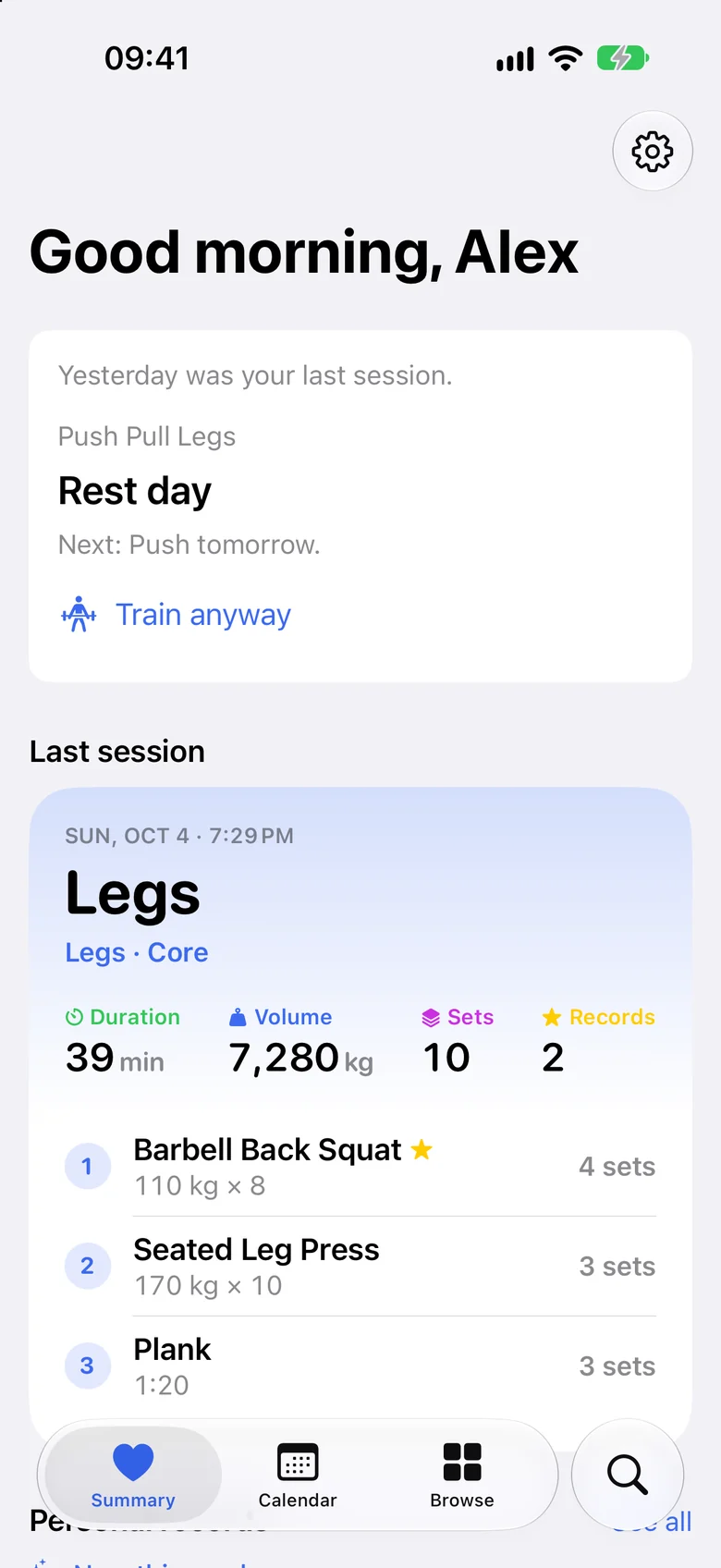 NeverSkip home screen with today’s plan and a summary of the last session